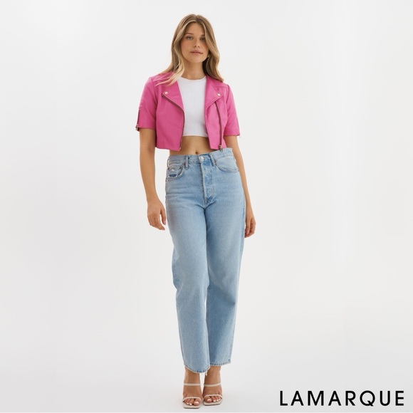 LAMARQUE **NWT** Kirsi Super Pink + Gold Cropped Short Sleeved Biker Jacket - Picture 4 of 9